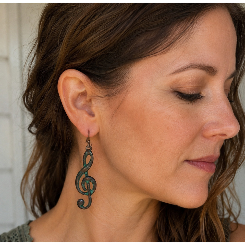 Musical Note Treble Clef Dangle Earrings Verdigris Patina Copper Bohemian Style